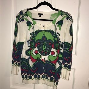 multicolored patterned button up sweater